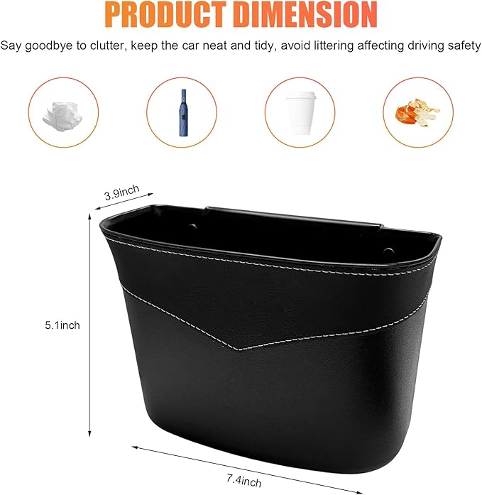Car Trash Can, Mini Auto Garbage Bin Multipurpose Storage Container with Slot Clip, Waterproof Leather Small Dustbin Interior Accessories for Vehicle Door Front Back Seat (Black)