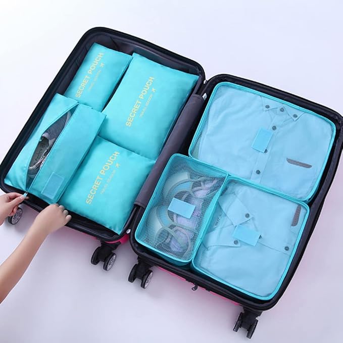 7 Set Packing Cubes, Travel Foldable Luggage Organizers Storage Bag Accessories Suitcase with Laundry Bag & Shoe Bag, Blue