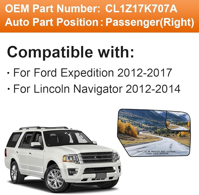 Senzeal Passenger Side Heated Mirror Glass Replacement for Ford Expedition 2012-2017 Lincoln Navigator 2012-2014 Blind Spot Mirror Glass CL1Z17K707A (Right Side)