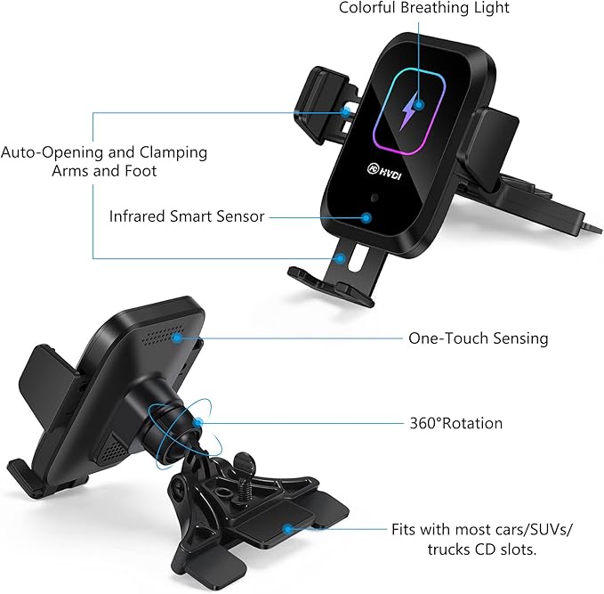 Wireless Car Charger CD Slot Phone Mount, Auto-Clamping 15W Qi Fast Charging Infrared Smart Sensor Air Vent Cell Phone Holder,Compatible with iPhone 13 Pro Max 12 11 X 8,Samsung S21 S20 S10 S9