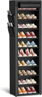 Kitsure Shoe Rack - 10-Tier Large Capacity Shoe Organizer Shelf with Dust Cover & Side Pockets, Rust-Proof Metal Shoe Rack fo