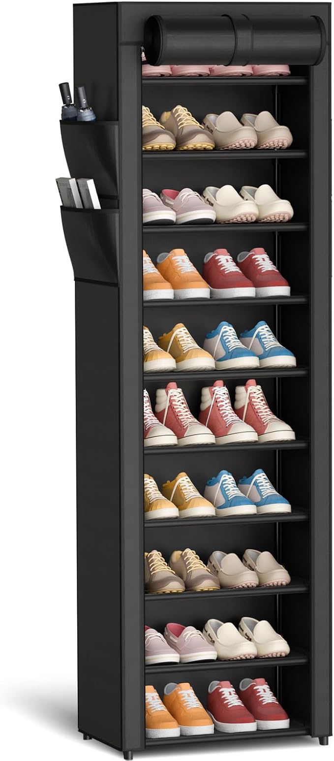 Kitsure Shoe Rack - 10-Tier Large Capacity Shoe Organizer Shelf with Dust Cover & Side Pockets, Rust-Proof Metal Shoe Rack fo