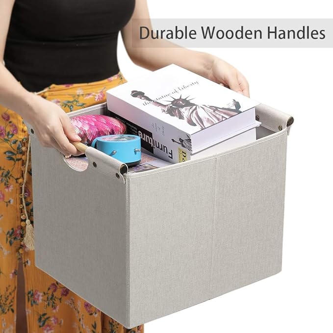 HOONEX Large Foldable Storage Bins, Linen Fabric, 2 Pack, with Wooden Carry Handles and Sturdy Heavy Cardboard, for Home, Off