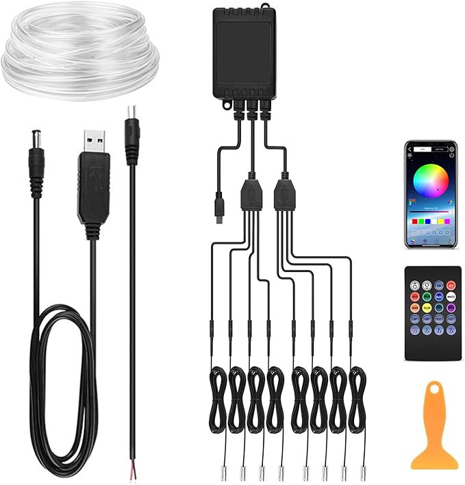 Car Interior LED Strip Lights, 10m RGB 8 in 1 Car Ambient Decor Neon Lights Kit 400 inches Fiber Optic tubing USB Powered RGB with Wireless APP Remote Control, Ambient Lighting Kits 16 Million Colors