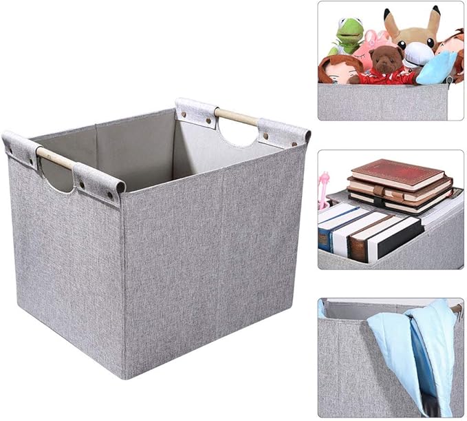 HOONEX Large Foldable Storage Bins, Linen Fabric, 2 Pack, with Wooden Carry Handles and Sturdy Heavy Cardboard, for Home, Off