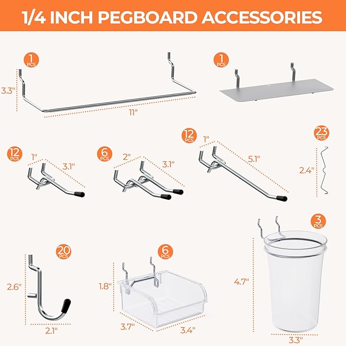 INCLY 90PCS Metal Peg Board Kit with 1/4" Pegboard Accessories, 6 Pack White Peg Board Panels, Bins, Cups and Peg Board Hooks