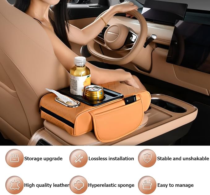 Car Armrest Cushion,5-in-1 Center Console Cover with 2 Storage Bags Cup Holder, Tissue Box Slot, Phone Slot for Sedans, Car Accessories Interior Organizers (Black)