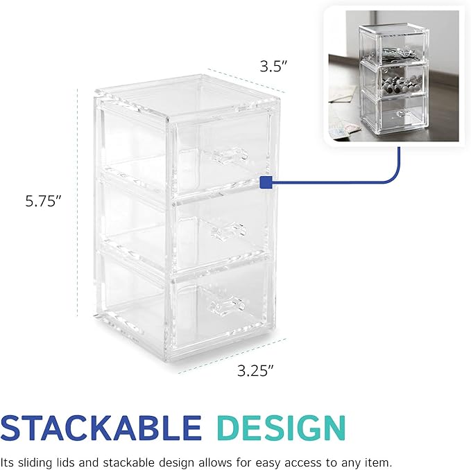 Huang Acrylic Clear Stackable Upright 3-Drawer Organizer, Makeup Jewelry Accessories Cosmetic Countertop Storage Display 3.5 