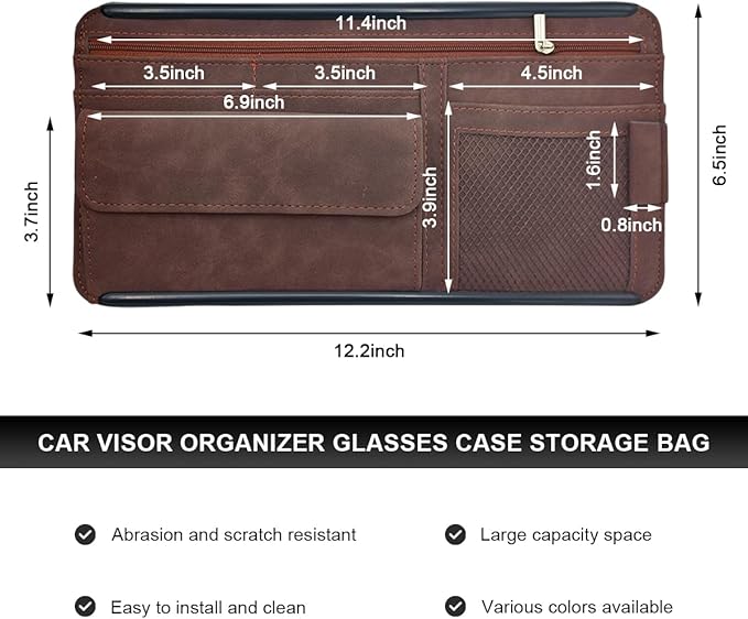 Car Sun Visor Organizer, Soft Leather Auto Sunshade Glasses Storage Bag with Multi-Pocket Net Zipper, Scratch-Resistant Vehicle Visor Pocket Eyeglasses Case Note Holder (Brown)
