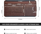 Car Sun Visor Organizer, Soft Leather Auto Sunshade Glasses Storage Bag with Multi-Pocket Net Zipper, Scratch-Resistant Vehicle Visor Pocket Eyeglasses Case Note Holder (Brown)