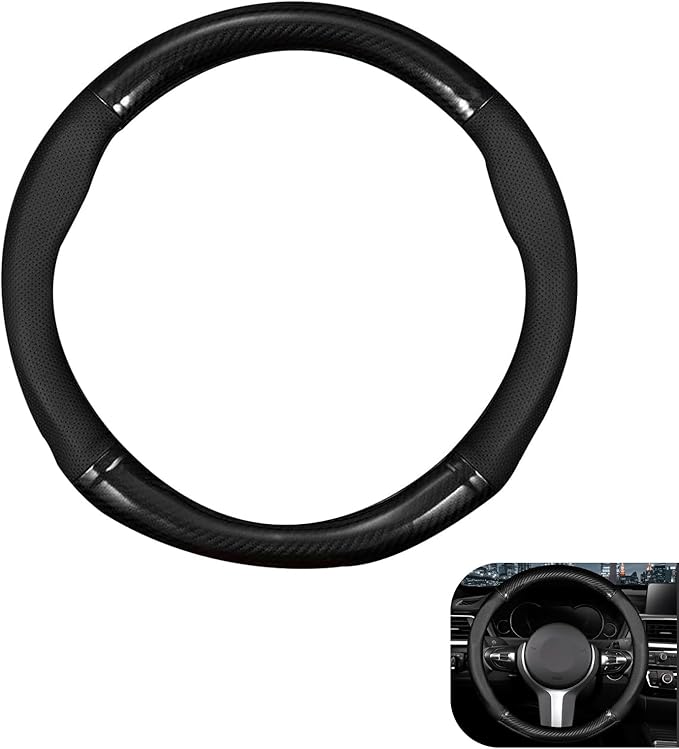 Car Steering Wheel Cover, 15 inch Carbon Fiber Steering Wheel Protector, Non-Slip Breathable Steering Wheel Cover, Four Seasons Universal Car Essential (Black)