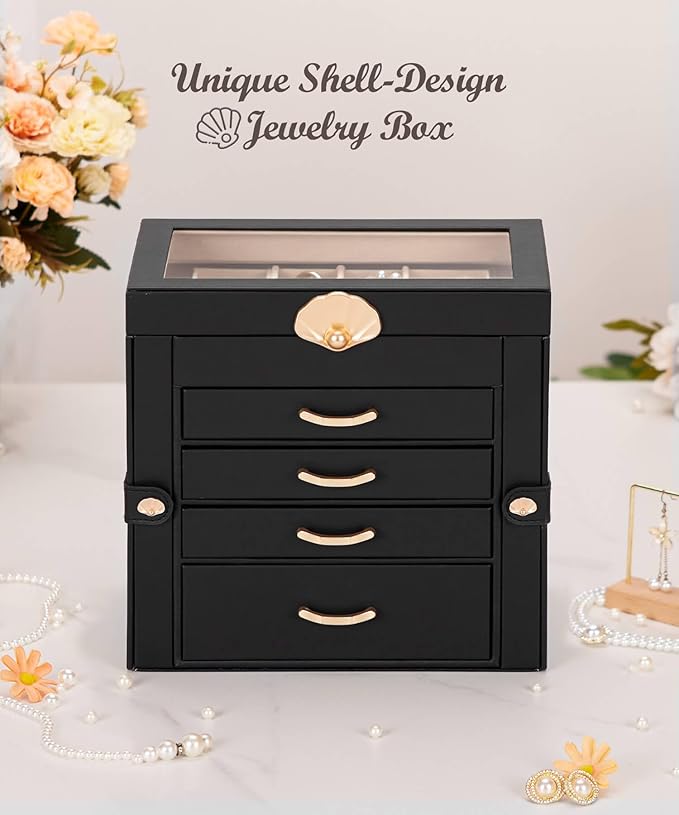 Enthralite Jewelry Box with 4 Drawers: Display Organizer for Earrings Necklaces - Gifts for Girls Women (Black)