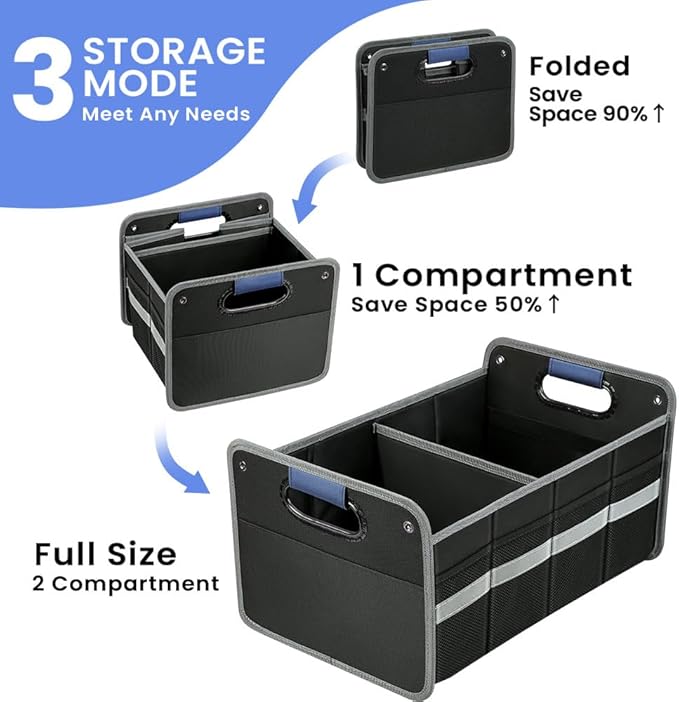 Car Trunk Organizer for SUV, Car Storage Organizer Reinforced Handles, Collapsible Multi-Compartment Foldable and Waterproof
