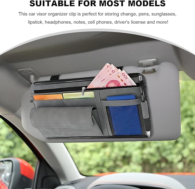 Car Sun Visor Organizer, Soft Leather Auto Sunshade Glasses Storage Bag with Multi-Pocket Net Zipper, Scratch-Resistant Vehicle Visor Pocket Eyeglasses Case Note Holder (Gray)