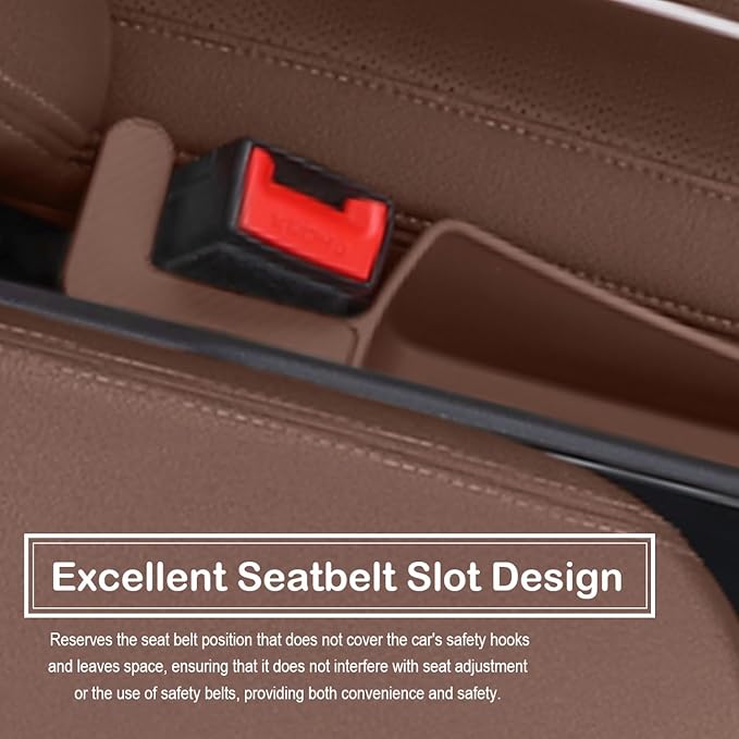 Universal Car Seat Gap Filler Plug Strip, Auto Seat Gap Organizer with Seat Belt & Storage Slot, 2 Pack Car Seat Catcher Accessories Fit Car SUV Truck for the Space Between Seat and Console, Brown