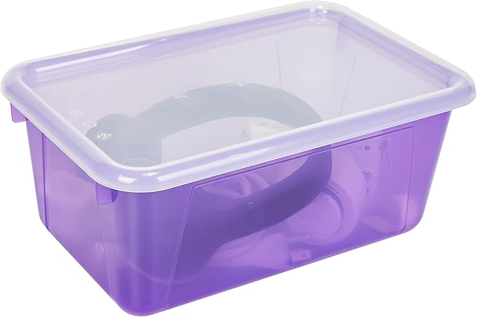Storex Small Cubby Bins – Plastic Storage Containers for Classroom with Non-Snap Lid, 12.2 x 7.8 x 5.1 inches, Tint Violet, 5