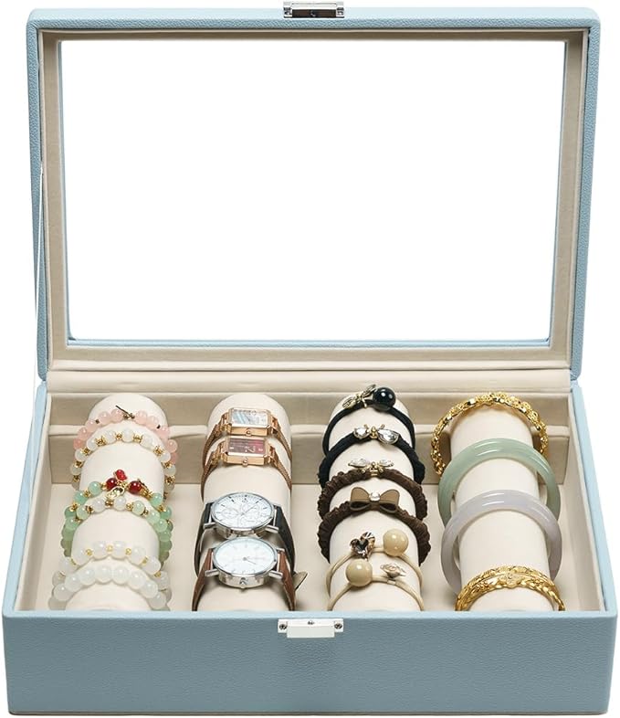 Bracelets Organizer Rods Bangles Display Holder, Clear See through Lid Leather Velvet Jewelry Storage Box Case for Women, 4 R