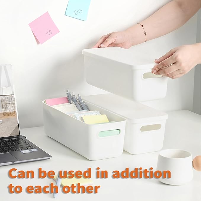 Yishyfier Plastic Storage Baskets With Lid Organizing Container Lidded Knit White Storage Organizer Bins for Shelves Drawers 