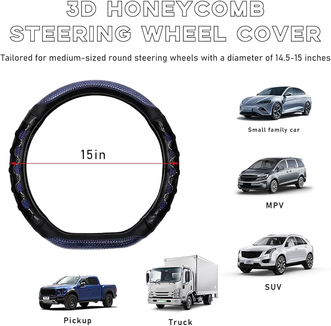 Yourkar Car Steering Wheel Cover, 15 Inch Leather D-Shaped Comfy Grip Steering Wheel Protector, Anti-Slip Steering Wheel Cove