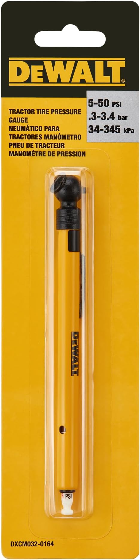 DEWALT Tractor Tire Pressure Gauge for Air/Water Filled Tires, 5-50 PSI, Ideal for Air/Water Filled Tractor Tires