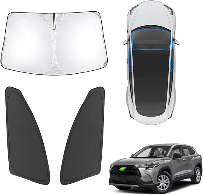 Karltys 3PCS Windshield Sun Shade for 2022-2024 2025 Toyota Corolla Cross, Front and Side Window Sunshade Custom Fit Corolla Cross, 210T Reflective Sun Visor Cover Protector Keep Your Car Cool