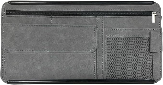 Suede Car Sun Visor Organizer with Multi-Pocket Net Zipper, Glasses Case, Sunglass Holder (Grey)