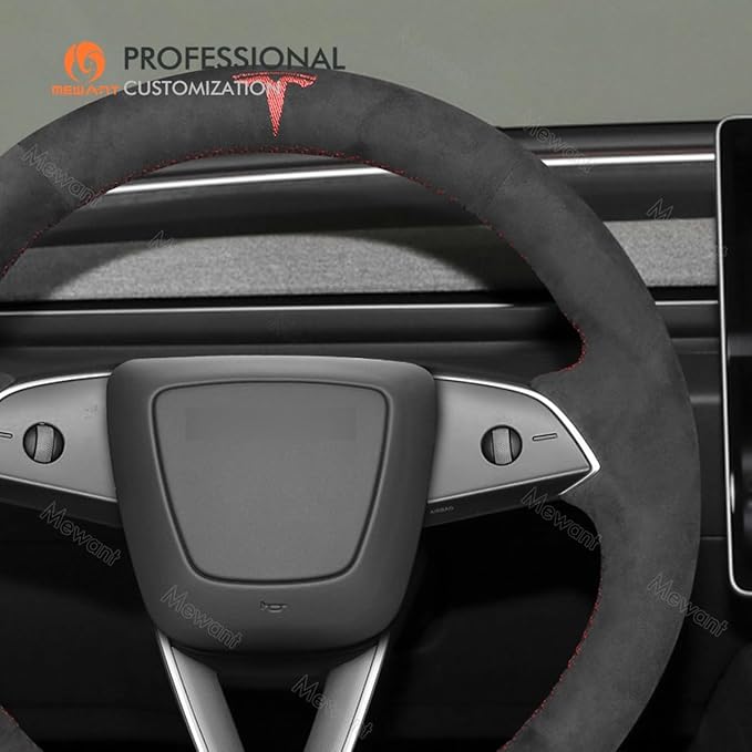 MEWANT Hand Stitched Matte Carbon Fiber&PU Leather Steering Wheel Cover Wrap for Tesla Model 3 Highland 2023 2024 2025 Steering Wheel Accessories