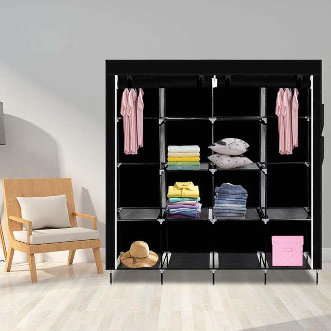 Karlhome 4-Tiers 12 Compartment Canvas Wardrobe, Portable Fabric With Shelves and Cover for Hanging Clothes, Clothes Rail Wit