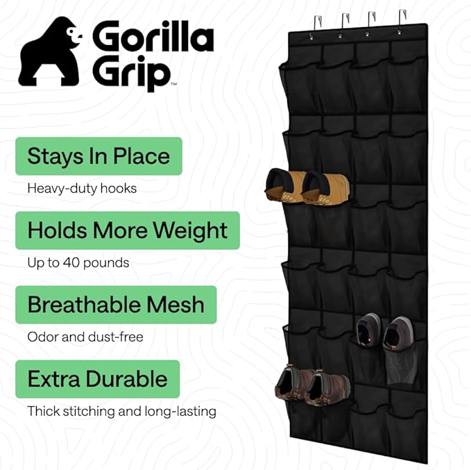 GORILLA GRIP Over the Door Shoe Organizer, 24 Extra Large Breathable Mesh Pockets, Space Saving Hanging Storage Holder, 4 Hoo