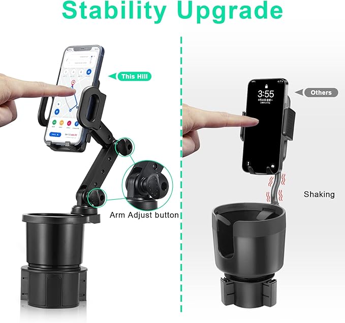 THIS HILL 2-in-1 Cup Holder and Cell Phone Holder - with 360° Rotating Stand and Adjustable Base for All iPhone Models and Sm