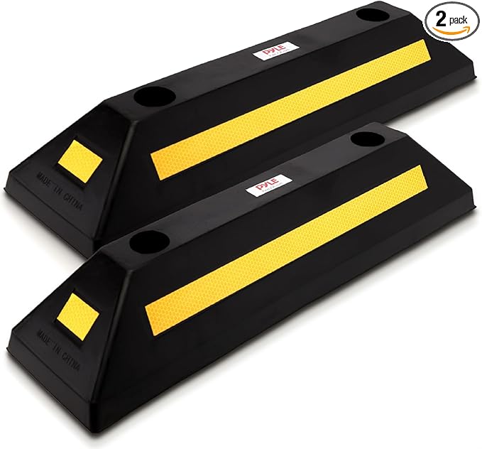 Pyle 2-Pack Heavy Duty Rubber Wheel Stops for Garage Parking – Durable, High-Visibility Tire Blocks for Cars, Trucks, Vans, RVs, Trailers, Forklifts – Reflective Safety Strip Included