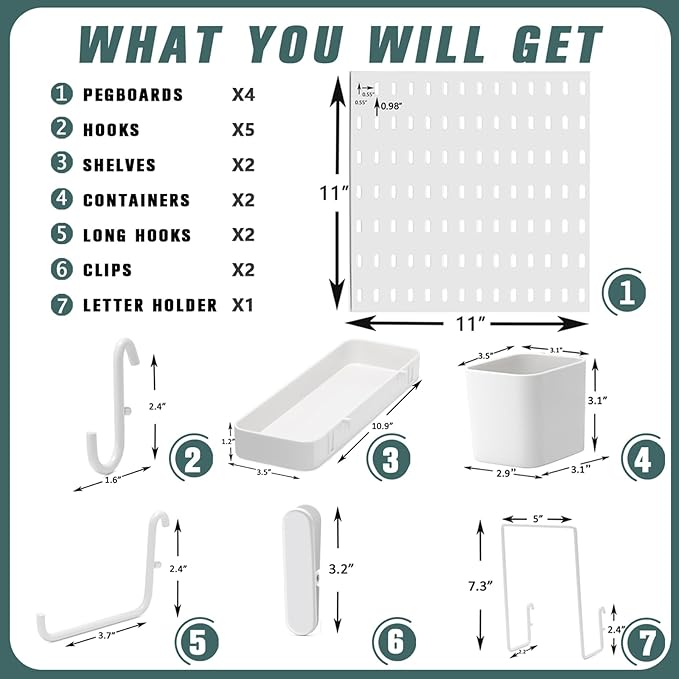 MULSAME Pegboard Combination Kit, Wall Mounted Storage Set with 4 Pegboards & 14 Accessories Hanging, White Peg Boards Organi