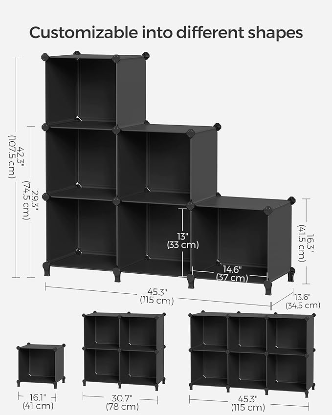 SONGMICS 6 Cube Storage Organizer, Modular Bookshelf, DIY Closet Organizers and Storage, Plastic Stackable Shelves, 14.6 x 13