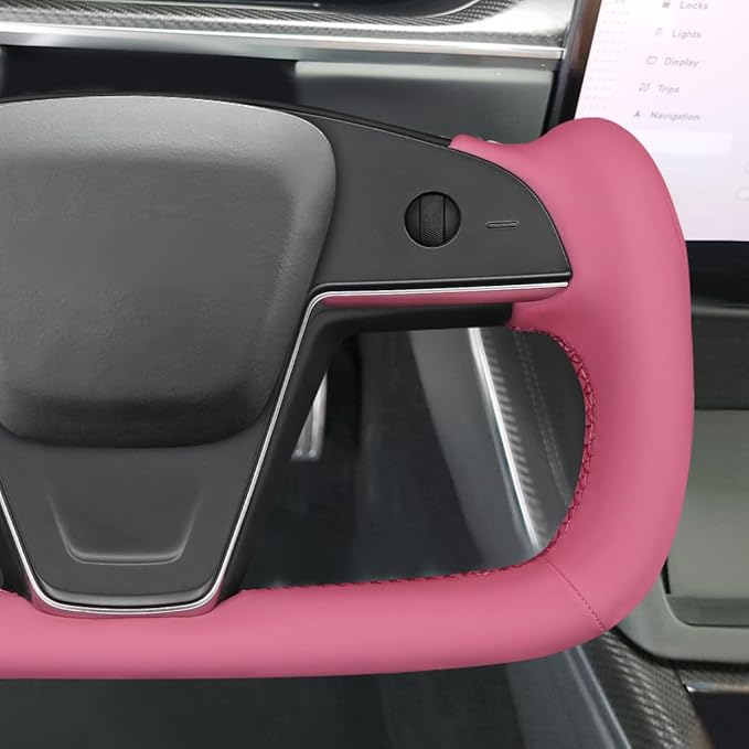 MEWANT Hand Stitched Pink Leather Tesla Model S Yoke Steering Wheel Cover Wrap for Tesla Model S 2021-2023 / Model X 2021-2023 Tesla Yoke Steering Wheel Accessories