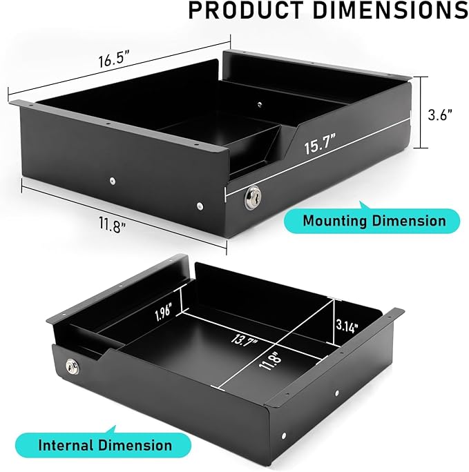 Under Desk Drawer Storage with Lock, 16"x11.8"x3.6", Metal Undermount Table Drawer, Ball Bearing Slides Out Tray Organizer fo