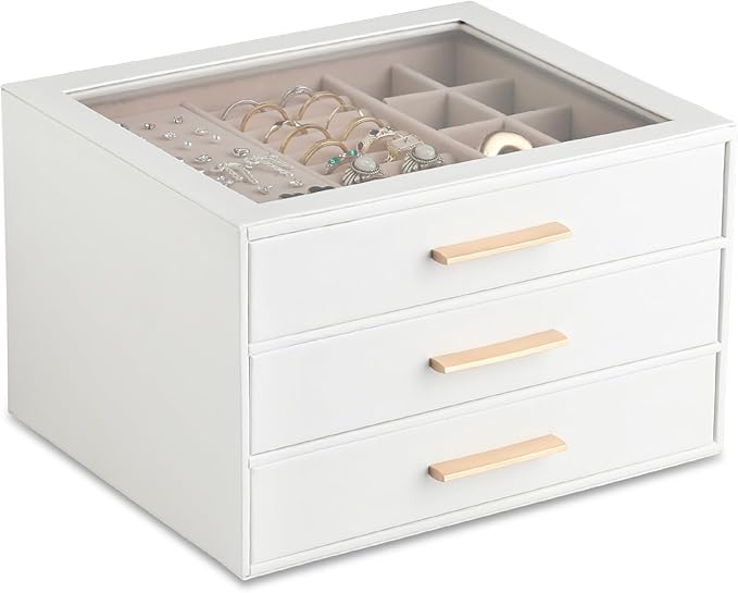 Frebeauty Clear Lid Jewelry Box,3-Layer Jewelry Organizer with Drawer,PU Leather Jewelry Organizers and Storage,Jewelry Boxes