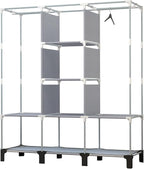 Portable Wardrobe with 10 Storage Racks and 2 Hanging Poles 6 Side Pockets Fleece Cover, Size 130 x 45 x 172 cm, Bedroom Clos