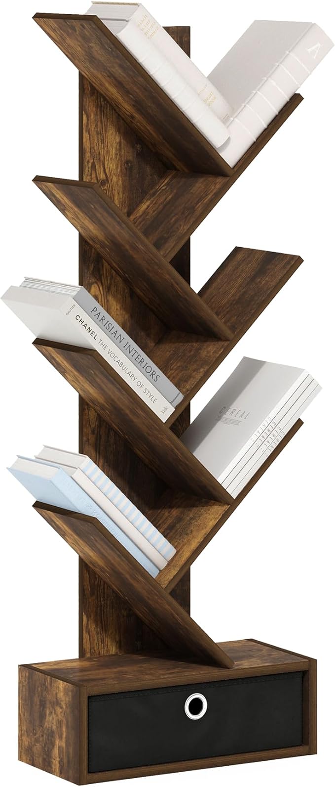 Furinno Tree Book Shelf, 7-Tier Bookshelf, Tree Bookcase with Bin Drawer, 8.4 x 16.9 x 46.2, for Living Room, Bedroom, Home O
