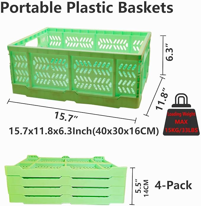 20L Folding Crate, 4Pack Plastic Storage Baskets Organizer for Home and Office,Collapsible Storage Crates for Home Office and