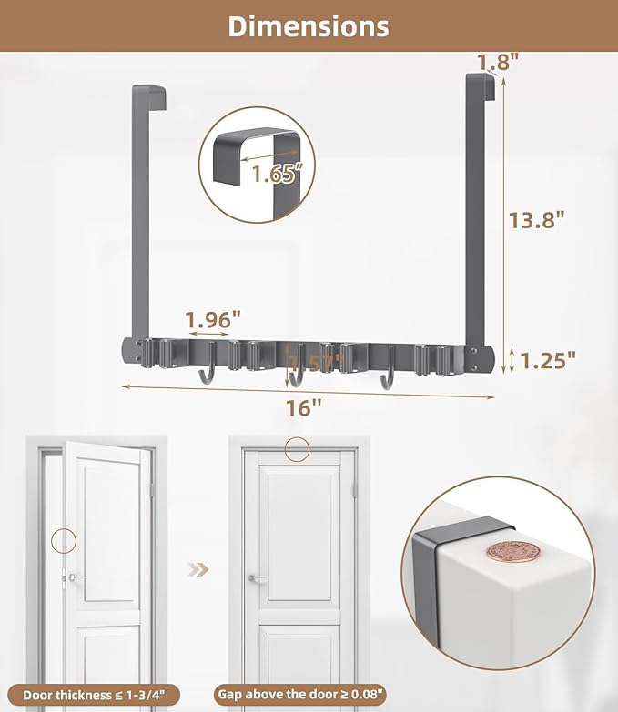Broom Holder Over The Door-304 Stainless Steel Mop and Broom Holder Wall Mounted or Hanging Over The Door with Hooks - Broom 