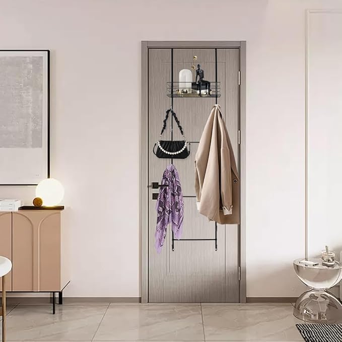 Over The Door Purse Organizer, Hanging Purse Organizer, Wall-Mounted Handbag Storage Rack with 16 Hooks & Metal Basket, Space
