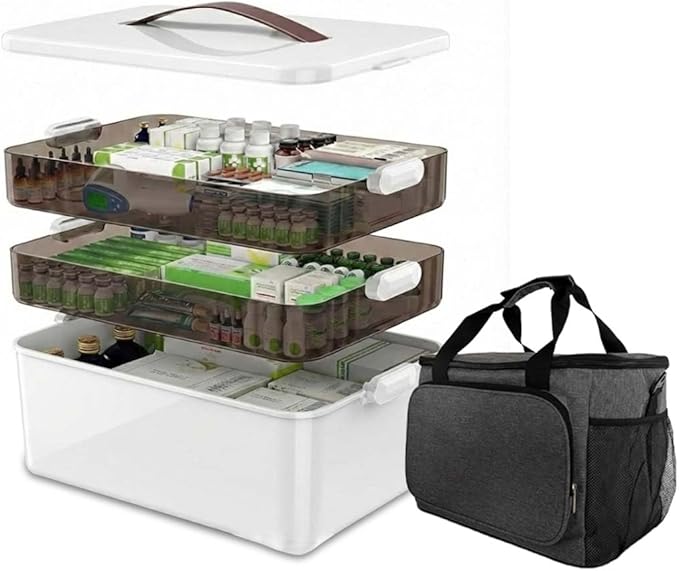 3-Tier Medicine Organizer Box with Protective Carry Bag - Premium Medicine Cabinet Organizer for Home, Travel & Office - Tran