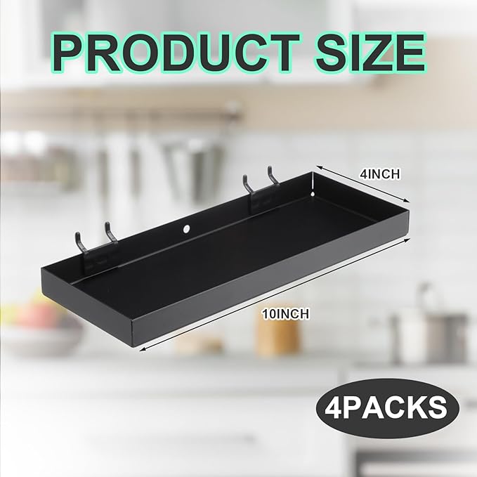 Blulu 4 Pcs Pegboard Shelves, 10 x 4 Inch Metal Heavy Duty Wall Mounted Pegboard Shelf Tray Accessories with Lip for Craft Ro