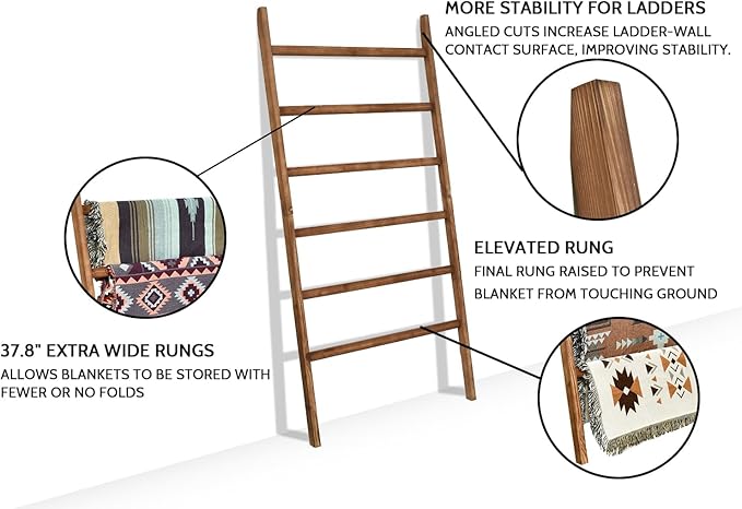 FUIN Extra Wide 6.4ft Wooden Blanket Ladder Living Room Decorative Wal Leaning Farmhouse Quilt Display Holder Rustic Wood Tow
