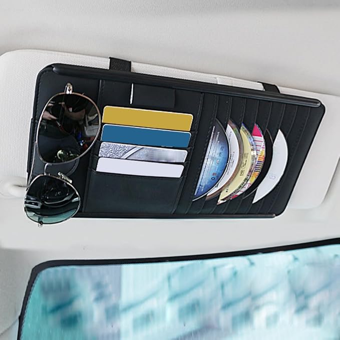 Car Sun Visor Pocket Organizer, Car CD/DVD Holder Storage Case, Multi-Pocket Visor Organizer Storage Pouch, Glasses Clip Storage Bag, Auto Interior Accessories Pockets Organizer (Black)