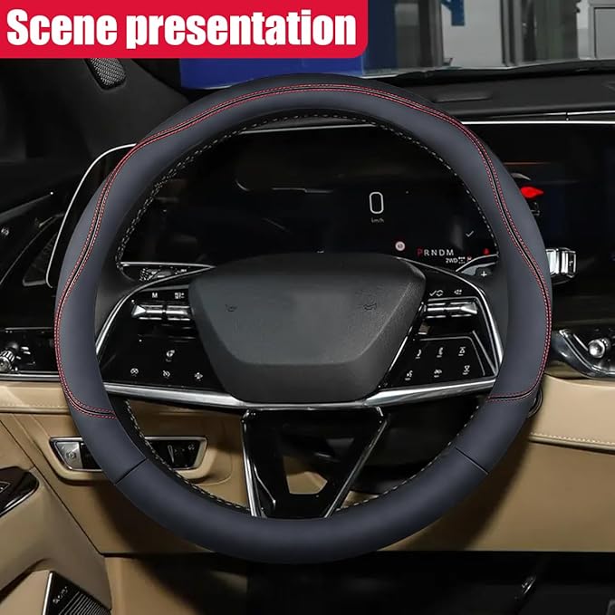 Craedli 14.5-15 Inch Leather Car Steering Wheel Cover, Non-Slip Breathable Auto Steering Wheel Protector Cover, Universal Veh