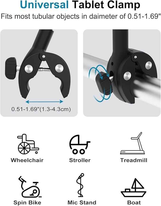 Tablet Holder for Wheelchair/Stroller/Spin Bike/Treadmill/Mic Stand/Boat/Handlebar Clamp, 360° Gooseneck Mount with Adjustable Arm for 4-13" iPad Pro Air Mini, Phone, Galaxy Z Fold, Fire HD