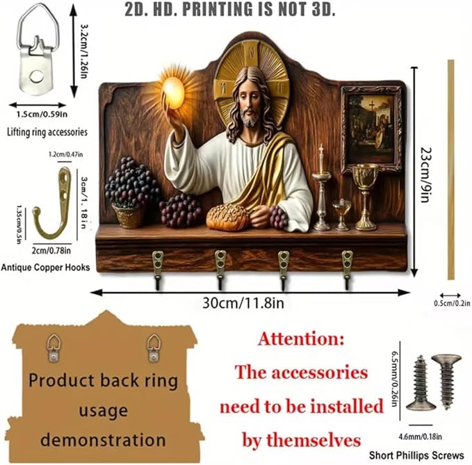 Wooden Multifunctional Home Key Holder, Wooden Keys Holder with Jesus Communion Theme, Religious Christian Home Decor Wall Mo