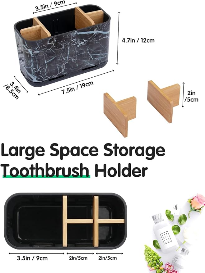 GFWARE Marble Toothbrush Holders, 5 Slots Bamboo Toothbrush and Toothpaste Holder for Bathroom Counter with Drainage, Kids El