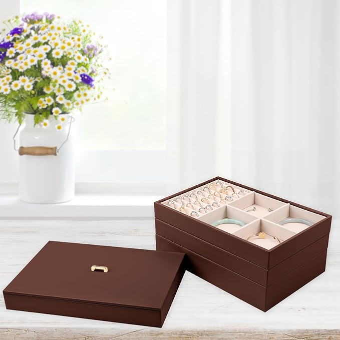 Voova Stackable Jewelry Organizer Tray with Lid, PU Leather Jewelry Storage Holder for Drawer Inserts, Jewellery Display Box 